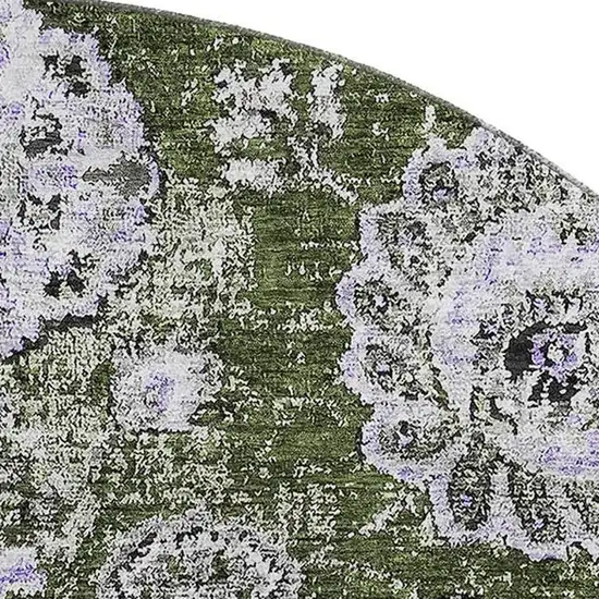 8' Olive Green Purple And Ivory Floral Washable Round Rug With UV Protection Photo 2