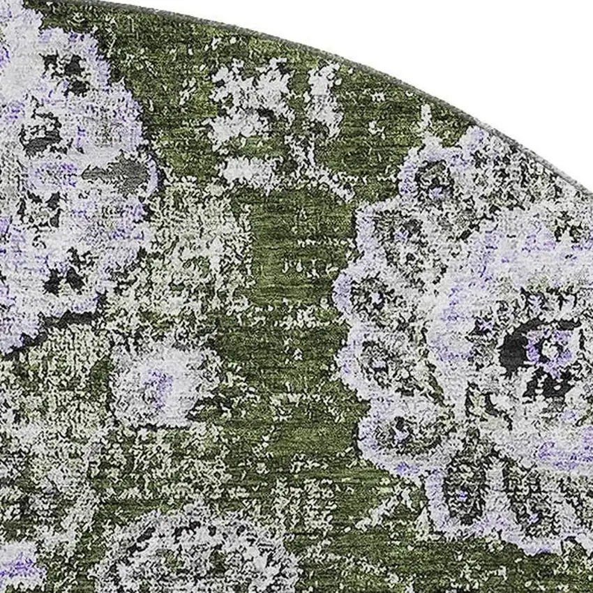 8' Olive Green Purple And Ivory Floral Washable Round Rug With UV Protection Photo 2