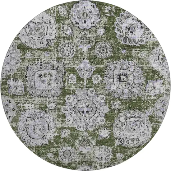8' Olive Green Purple And Ivory Floral Washable Round Rug With UV Protection Photo 1