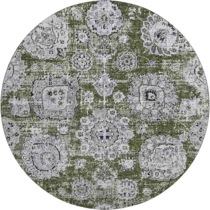 8' Olive Green Purple And Ivory Floral Washable Round Rug With UV Protection Photo 1