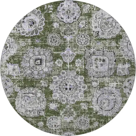 8' Olive Green Purple And Ivory Floral Washable Round Rug With UV Protection Photo 3