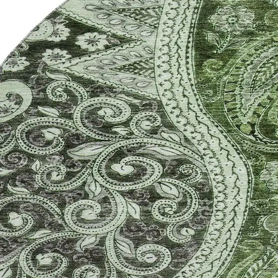 8' Olive Green Purple And Ivory Paisley Washable Round Rug With UV Protection Photo 2