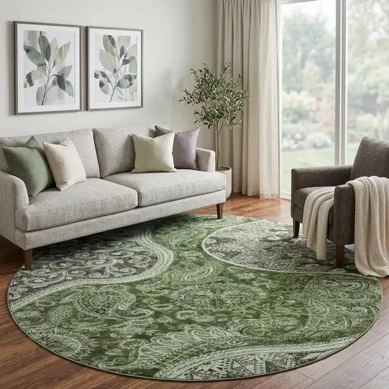 8' Olive Green Purple And Ivory Paisley Washable Round Rug With UV Protection Photo 1