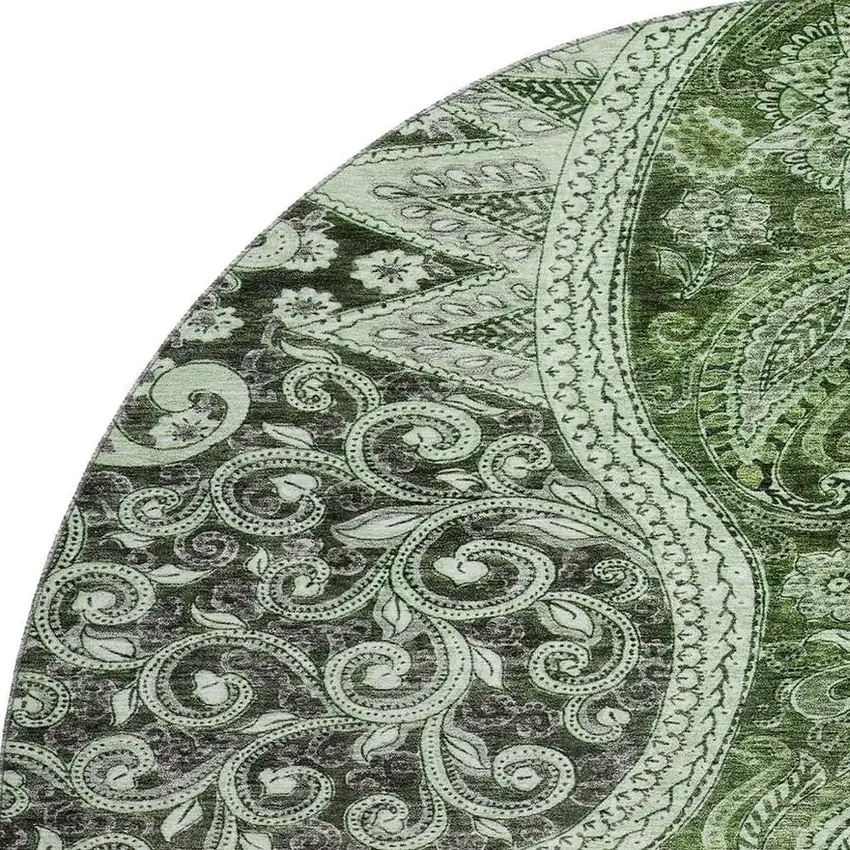 8' Olive Green Purple And Ivory Paisley Washable Round Rug With UV Protection Photo 3