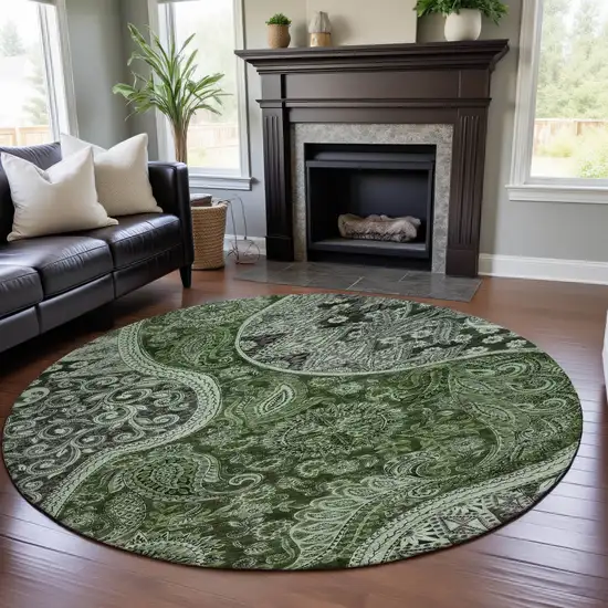 8' Olive Green Purple And Ivory Paisley Washable Round Rug With UV Protection Photo 4
