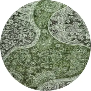 Photo of 8' Olive Green Purple And Ivory Paisley Washable Round Rug With UV Protection