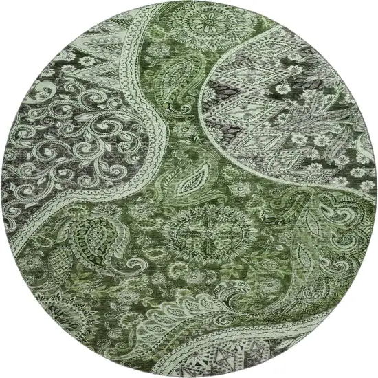 8' Olive Green Purple And Ivory Paisley Washable Round Rug With UV Protection Photo 1