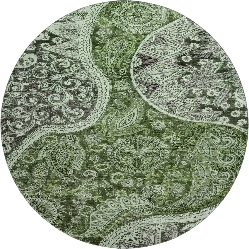 8' Olive Green Purple And Ivory Paisley Washable Round Rug With UV Protection Photo 1