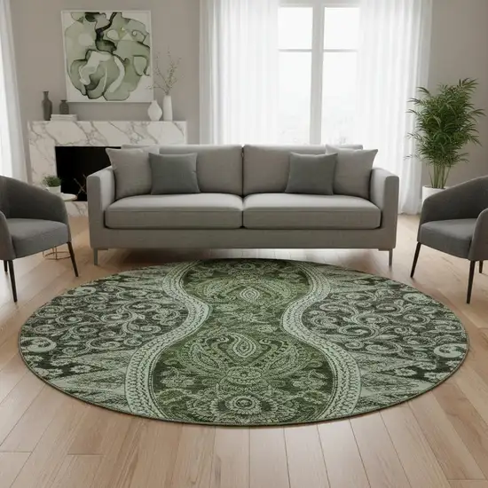 8' Olive Green Purple And Ivory Paisley Washable Round Rug With UV Protection Photo 2