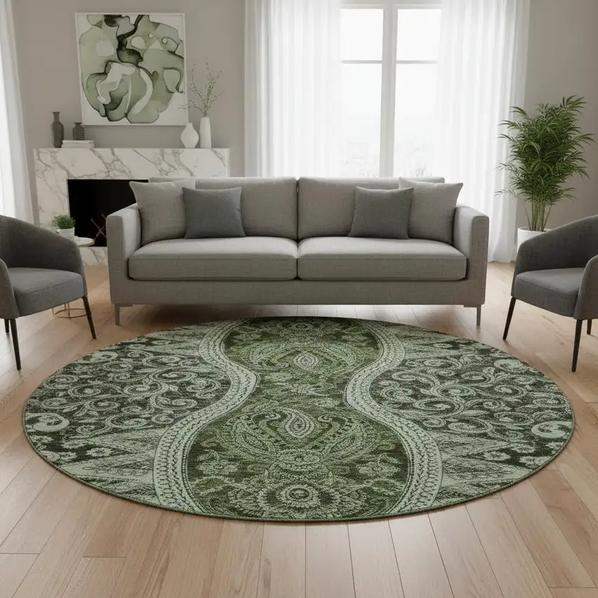 8' Olive Green Purple And Ivory Paisley Washable Round Rug With UV Protection Photo 2