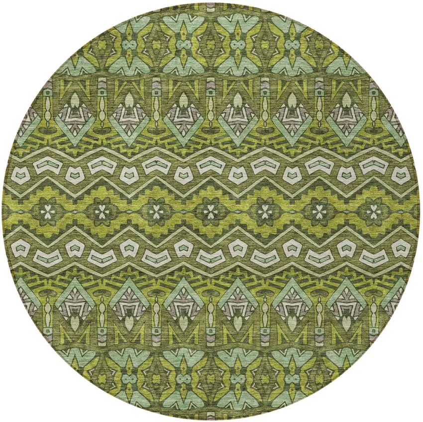 8' Olive Green Purple And Ivory Round Moroccan Washable Indoor Outdoor Area Rug Photo 6
