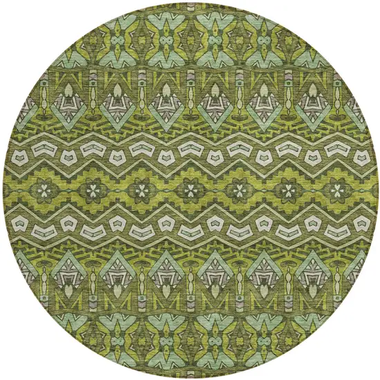 8' Olive Green Purple And Ivory Round Moroccan Washable Indoor Outdoor Area Rug Photo 2