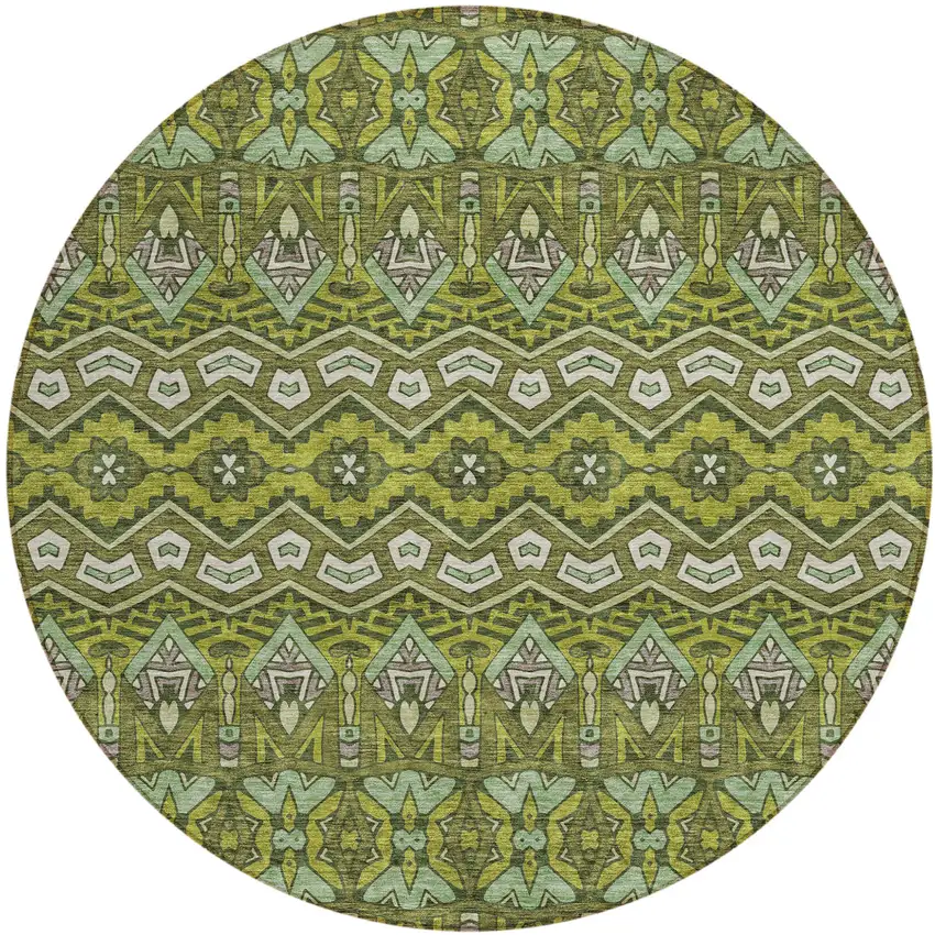 8' Olive Green Purple And Ivory Round Moroccan Washable Indoor Outdoor Area Rug Photo 2