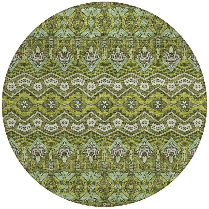 8' Olive Green Purple And Ivory Round Moroccan Washable Indoor Outdoor Area Rug Photo 5