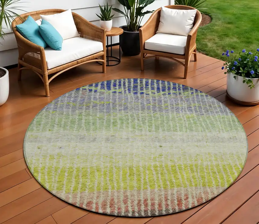 8' Olive Green Red And Purple Round Striped Washable Indoor Outdoor Area Rug Photo 1