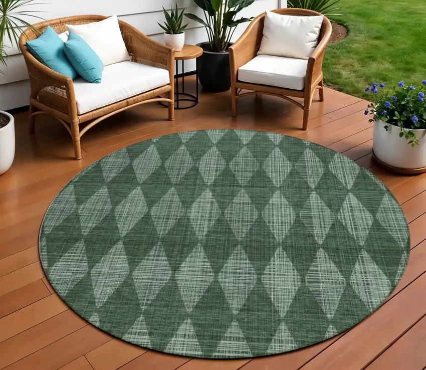 8' Olive Green Round Geometric Washable Indoor Outdoor Area Rug Photo 1