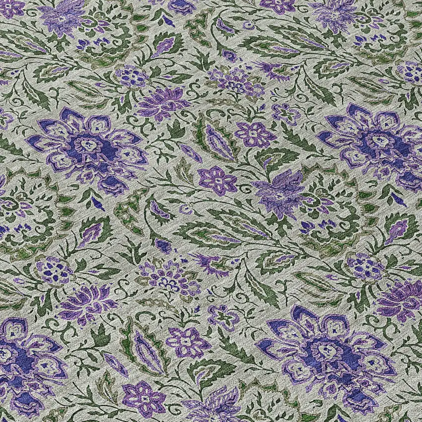 8' Olive Green Sage And Purple Round Floral Washable Indoor Outdoor Area Rug Photo 9