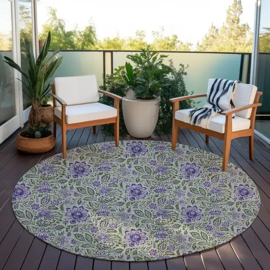 8' Olive Green Sage And Purple Round Floral Washable Indoor Outdoor Area Rug Photo 7
