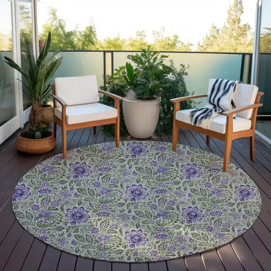 8' Olive Green Sage And Purple Round Floral Washable Indoor Outdoor Area Rug Photo 7