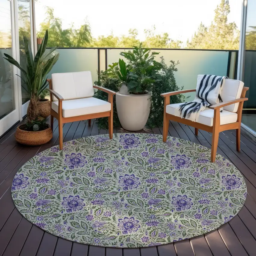 8' Olive Green Sage And Purple Round Floral Washable Indoor Outdoor Area Rug Photo 7
