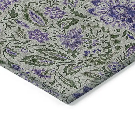 8' Olive Green Sage And Purple Round Floral Washable Indoor Outdoor Area Rug Photo 4