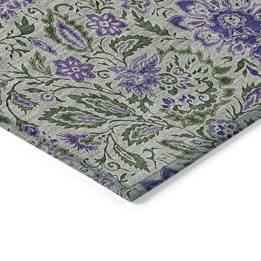 8' Olive Green Sage And Purple Round Floral Washable Indoor Outdoor Area Rug Photo 4