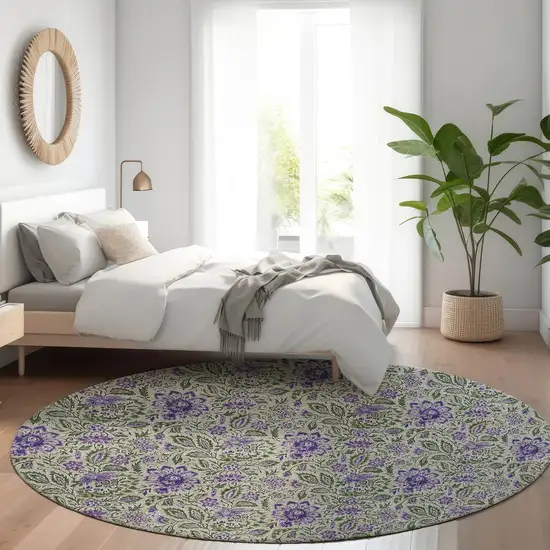 8' Olive Green Sage And Purple Round Floral Washable Indoor Outdoor Area Rug Photo 8