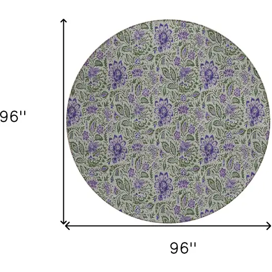 8' Olive Green Sage And Purple Round Floral Washable Indoor Outdoor Area Rug Photo 3