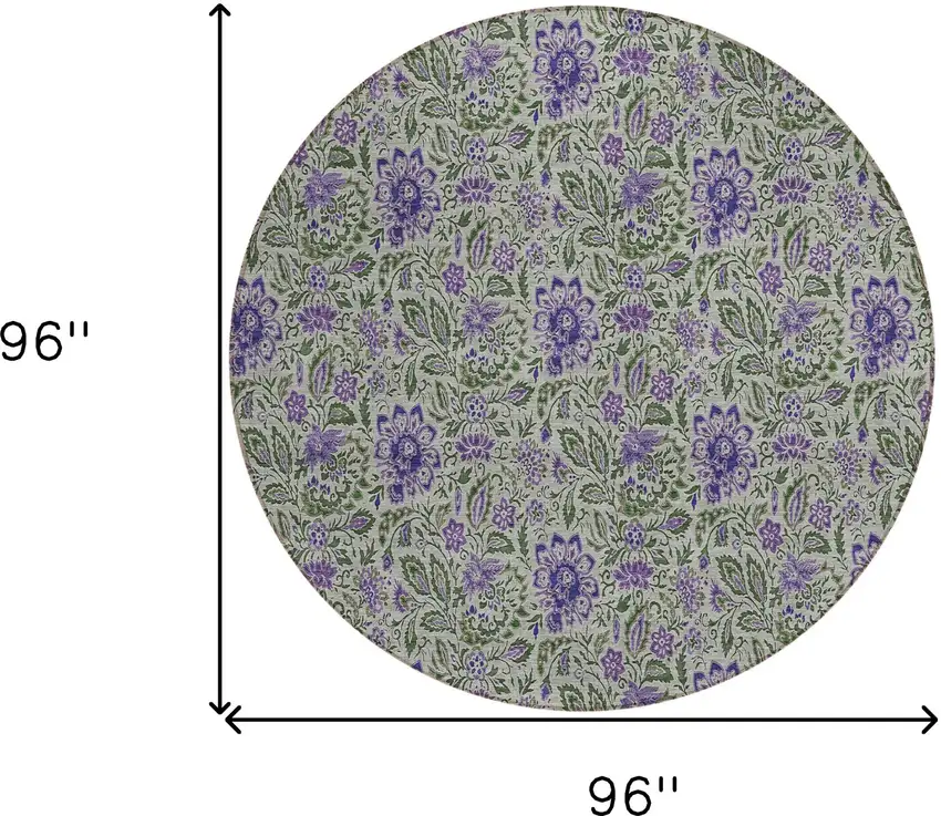 8' Olive Green Sage And Purple Round Floral Washable Indoor Outdoor Area Rug Photo 3