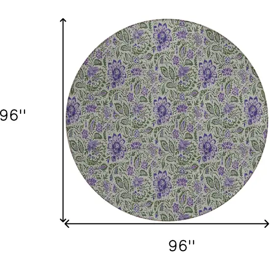 8' Olive Green Sage And Purple Round Floral Washable Indoor Outdoor Area Rug Photo 3