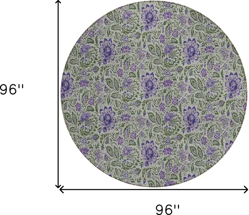 8' Olive Green Sage And Purple Round Floral Washable Indoor Outdoor Area Rug Photo 3
