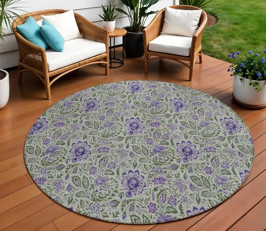 8' Olive Green Sage And Purple Round Floral Washable Indoor Outdoor Area Rug Photo 1