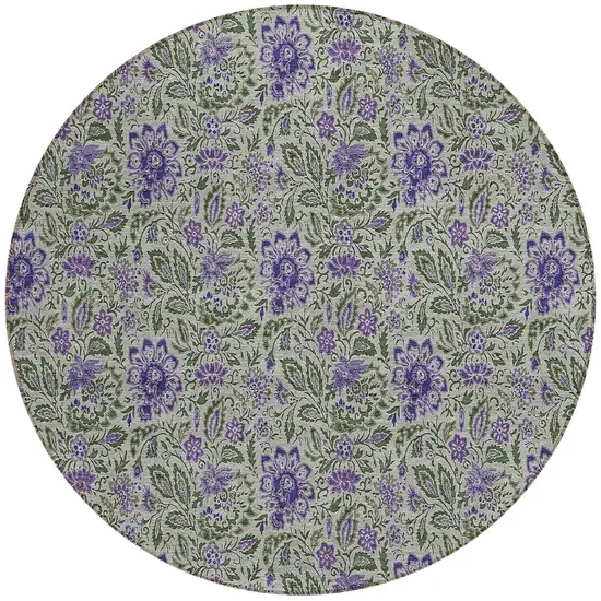 8' Olive Green Sage And Purple Round Floral Washable Indoor Outdoor Area Rug Photo 6