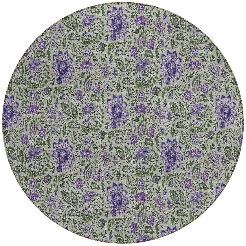 8' Olive Green Sage And Purple Round Floral Washable Indoor Outdoor Area Rug Photo 6