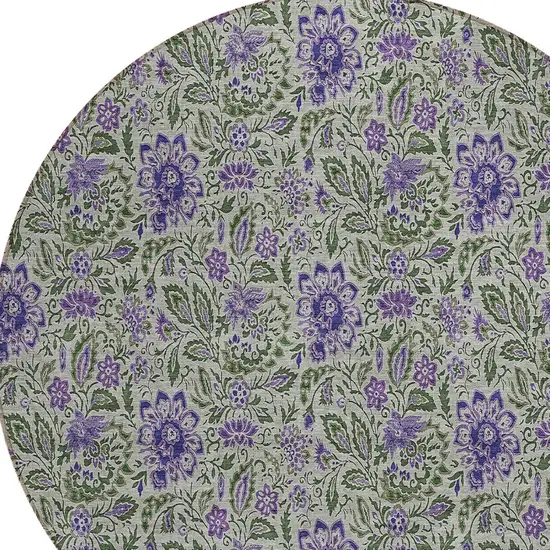 8' Olive Green Sage And Purple Round Floral Washable Indoor Outdoor Area Rug Photo 5