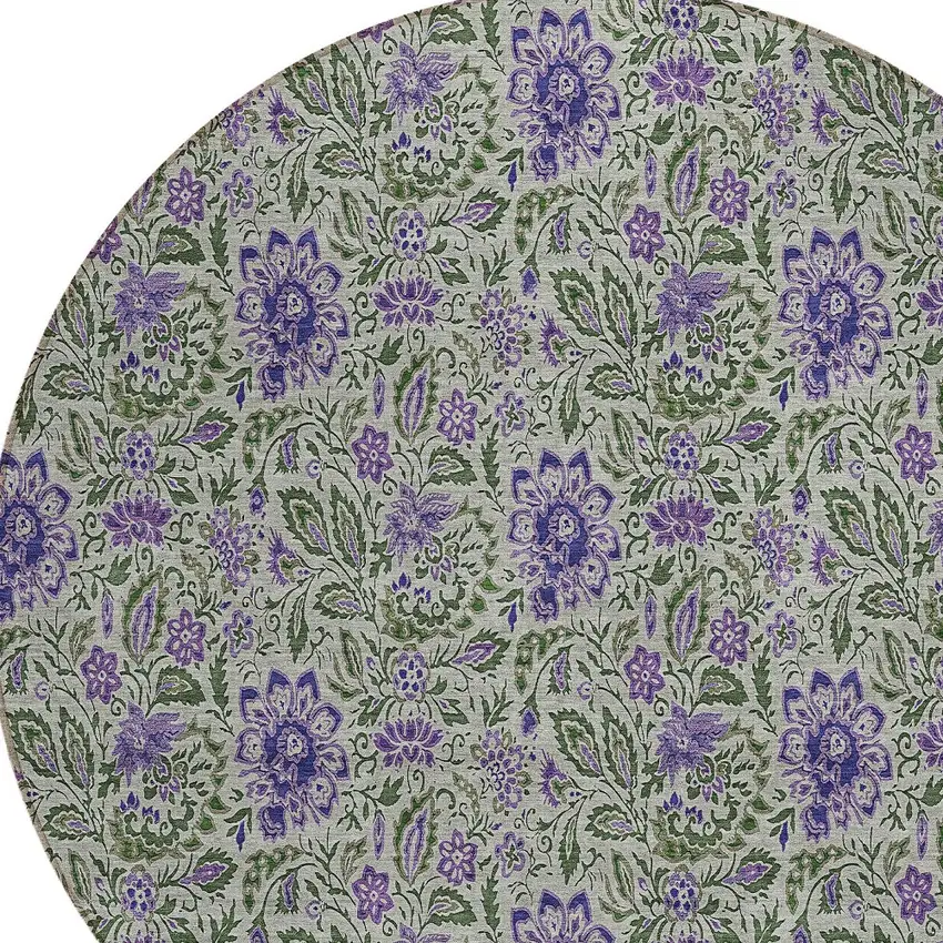 8' Olive Green Sage And Purple Round Floral Washable Indoor Outdoor Area Rug Photo 5