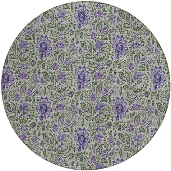 8' Olive Green Sage And Purple Round Floral Washable Indoor Outdoor Area Rug Photo 2
