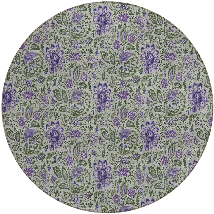 8' Olive Green Sage And Purple Round Floral Washable Indoor Outdoor Area Rug Photo 2