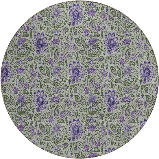 8' Olive Green Sage And Purple Round Floral Washable Indoor Outdoor Area Rug Photo 2