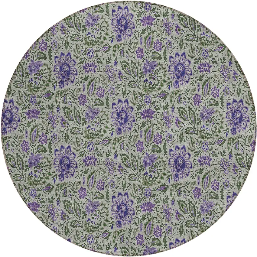 8' Olive Green Sage And Purple Round Floral Washable Indoor Outdoor Area Rug Photo 2