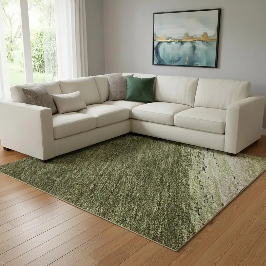 8' Olive Green Silver And Brown Abstract Washable Area Rug With UV Protection Photo 2