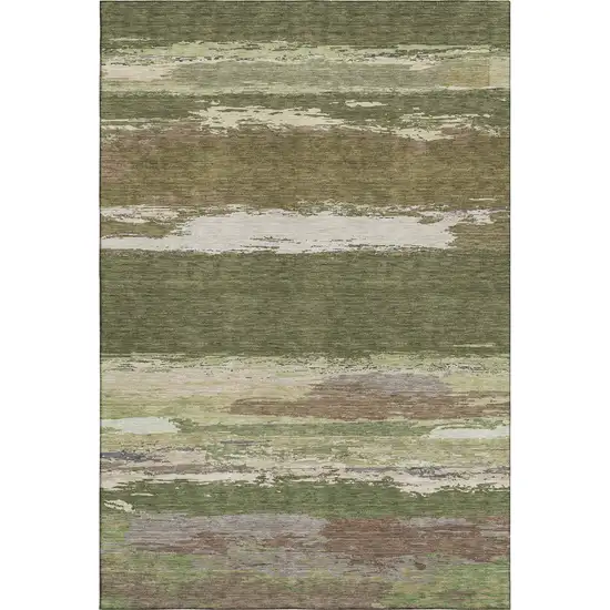 8' Olive Green Silver And Brown Abstract Washable Area Rug With UV Protection Photo 5