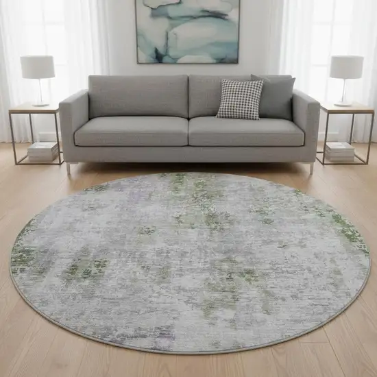 8' Olive Green Silver And Gray Abstract Washable Round Rug With UV Protection Photo 2