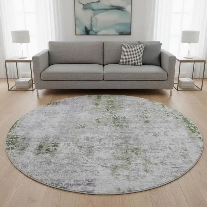 8' Olive Green Silver And Gray Abstract Washable Round Rug With UV Protection Photo 2