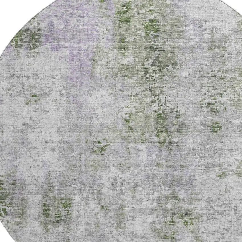 8' Olive Green Silver And Gray Abstract Washable Round Rug With UV Protection Photo 3