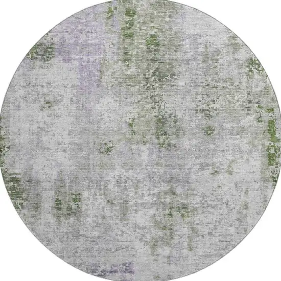 8' Olive Green Silver And Gray Abstract Washable Round Rug With UV Protection Photo 4