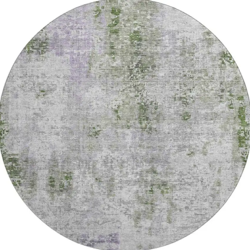 8' Olive Green Silver And Gray Abstract Washable Round Rug With UV Protection Photo 4
