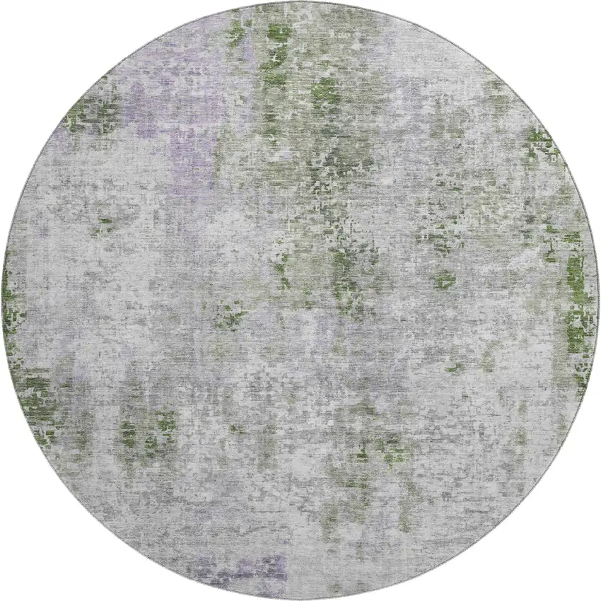 8' Olive Green Silver And Gray Abstract Washable Round Rug With UV Protection Photo 1