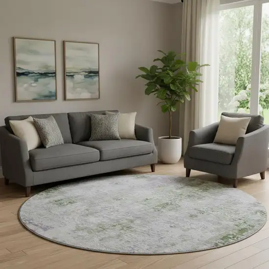 8' Olive Green Silver And Gray Abstract Washable Round Rug With UV Protection Photo 1