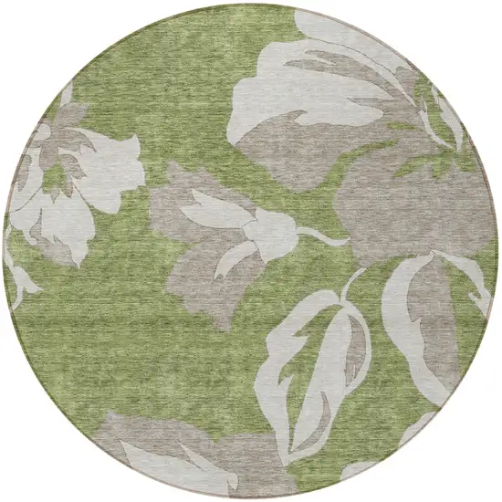 8' Olive Green Taupe And Beige Round Floral Washable Indoor Outdoor Area Rug Photo 6